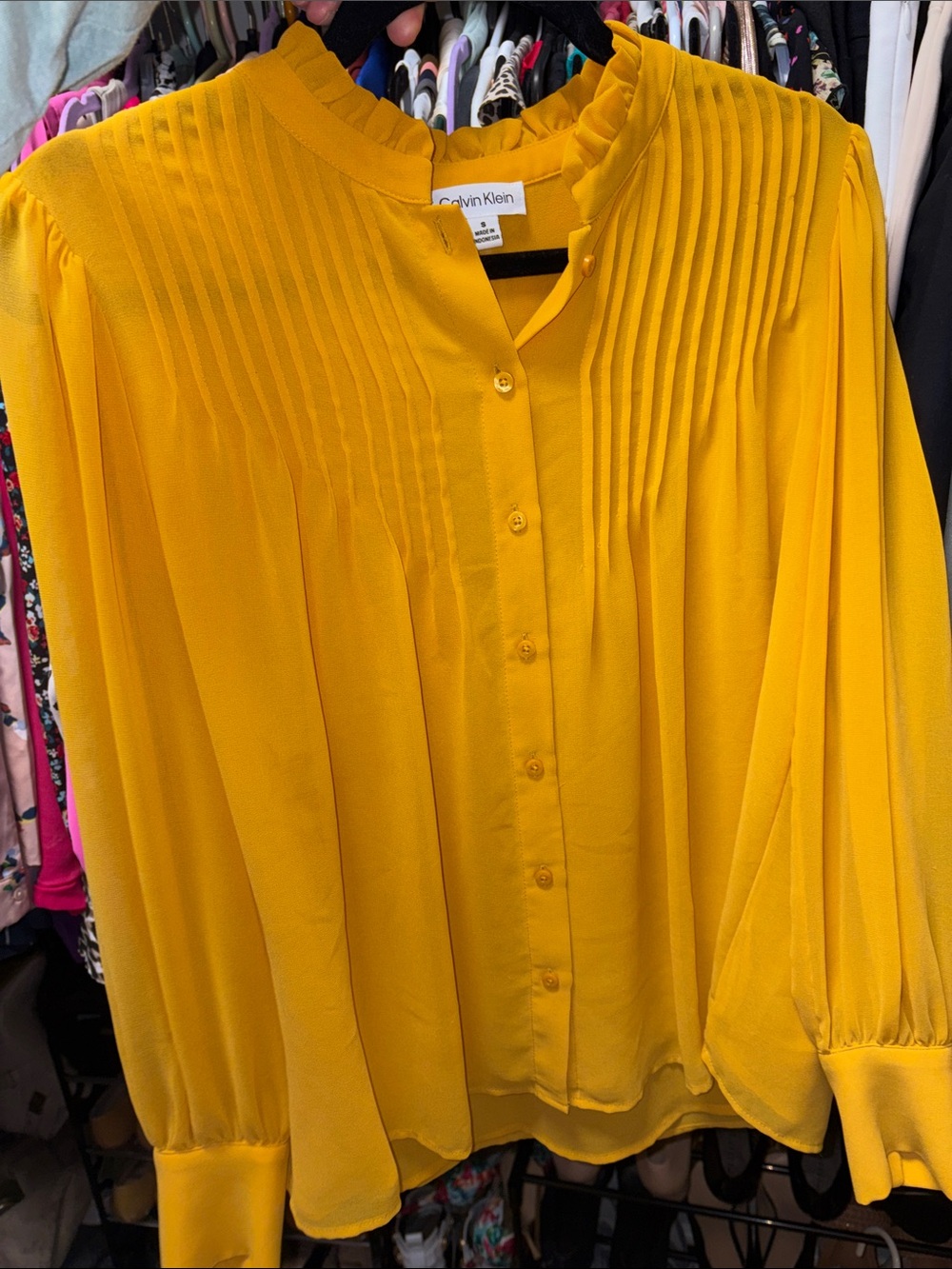 Offers open! Women’s Small Calvin Klein Mustard Yellow Pintuck Button Blouse